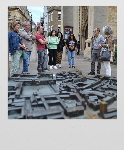 Polaroid-style collage of Cambridge landmarks and guided tour moments