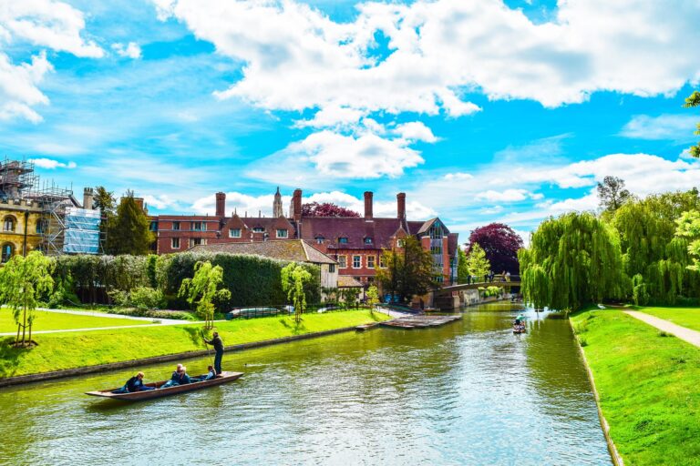 A punt on the River Cam beside the green lawns of the Backs, Cambridge